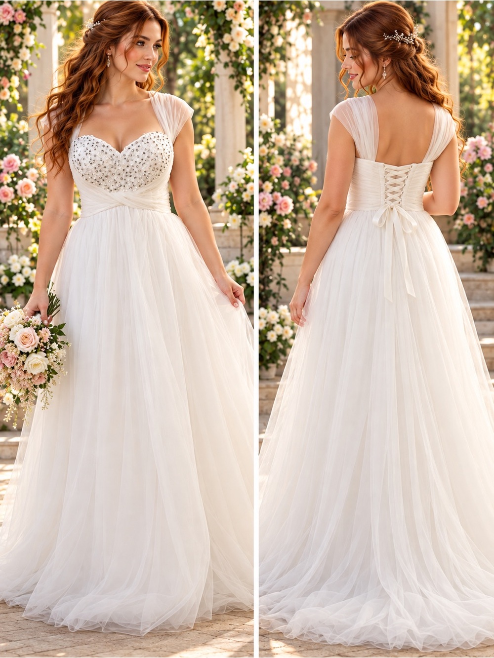 Elegant White Beaded Tulle Wedding Dress